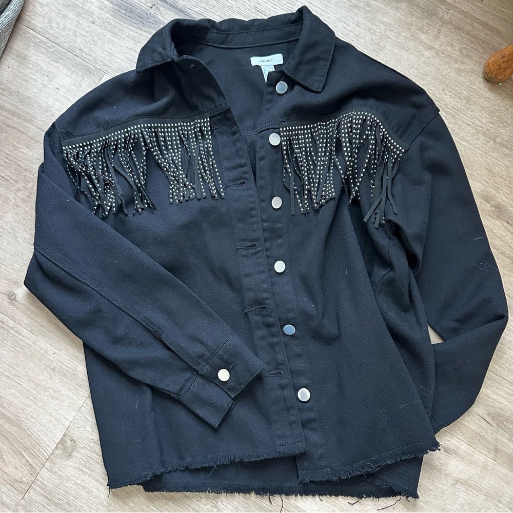 Forever21 Black Fringe Denim Jacket Small